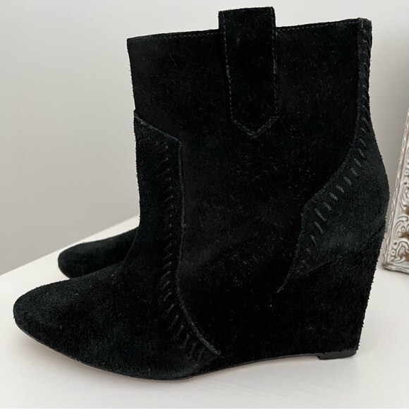 Rebecca Minkoff Black Bianca Suede Wedge Booties, Size 6.5 - Picture 6 of 12